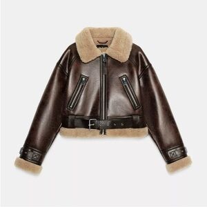 Zara Double-faced short jacket shearling trim XS